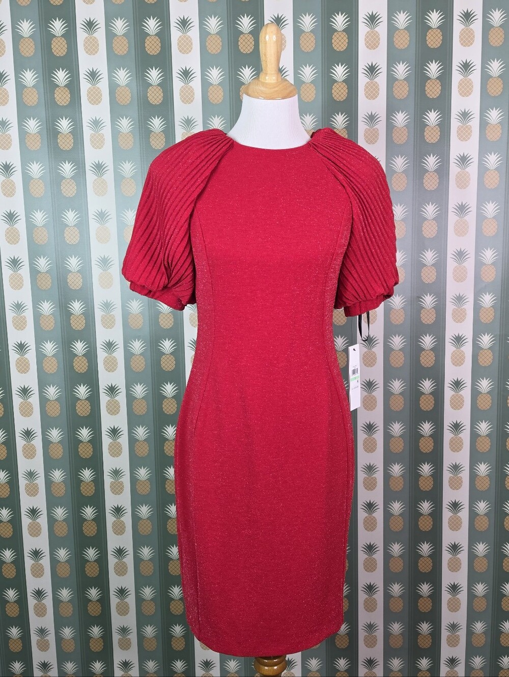 Calvin Klein Metallic Red Puff Sleeve Sheath Dress